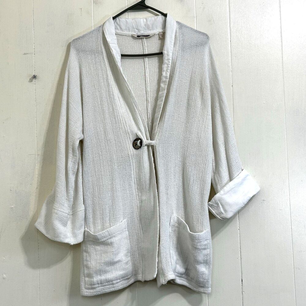 Soft Surroundings White Mesh Cardigan Sweater Size Large Button Closure Pockets